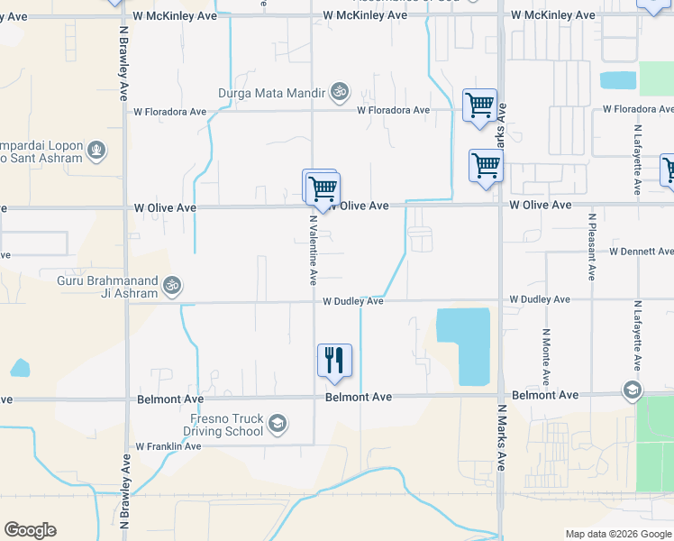 map of restaurants, bars, coffee shops, grocery stores, and more near 3333 West Elizabeth Avenue in Fresno