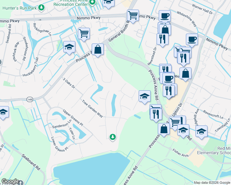 map of restaurants, bars, coffee shops, grocery stores, and more near 2305 Tallwood Trail in Virginia Beach
