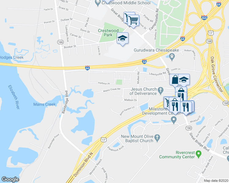 map of restaurants, bars, coffee shops, grocery stores, and more near 945 Costa Avenue in Chesapeake