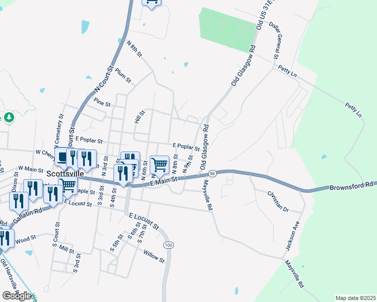 map of restaurants, bars, coffee shops, grocery stores, and more near 516-598 North 9th Street in Scottsville