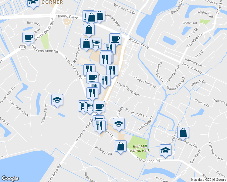 map of restaurants, bars, coffee shops, grocery stores, and more near Smallbrooke in Virginia Beach