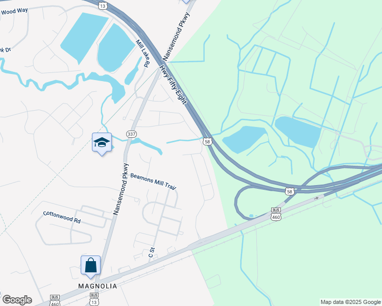 map of restaurants, bars, coffee shops, grocery stores, and more near 2088 Petersen Way in Suffolk