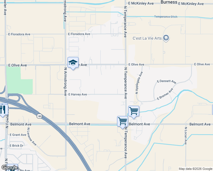 map of restaurants, bars, coffee shops, grocery stores, and more near 6796 East Harvey Avenue in Fresno
