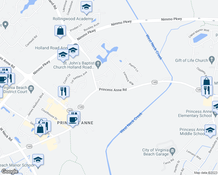 map of restaurants, bars, coffee shops, grocery stores, and more near 2364 Nettleford Way in Virginia Beach