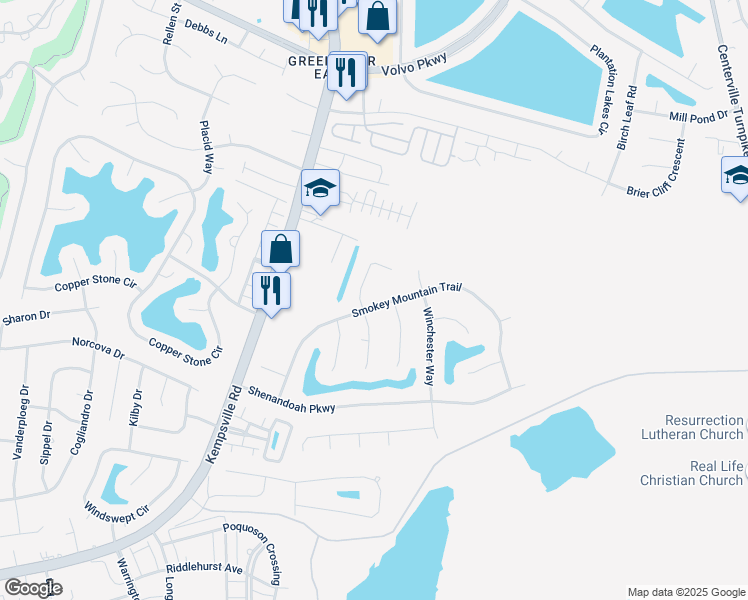 map of restaurants, bars, coffee shops, grocery stores, and more near 1105 Smokey Mountain Trail in Chesapeake