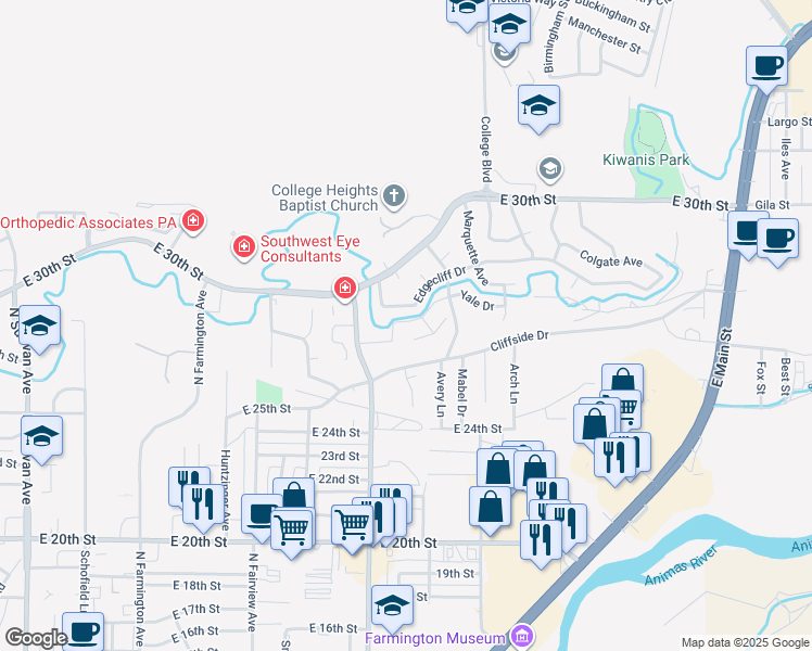 map of restaurants, bars, coffee shops, grocery stores, and more near 2805 Rabbitbrush Drive in Farmington