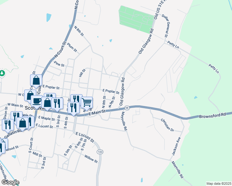map of restaurants, bars, coffee shops, grocery stores, and more near 516 North 9th Street in Scottsville