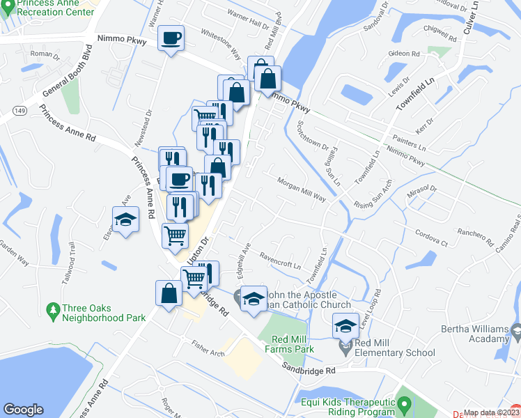map of restaurants, bars, coffee shops, grocery stores, and more near 2509 Elson Green Avenue in Virginia Beach