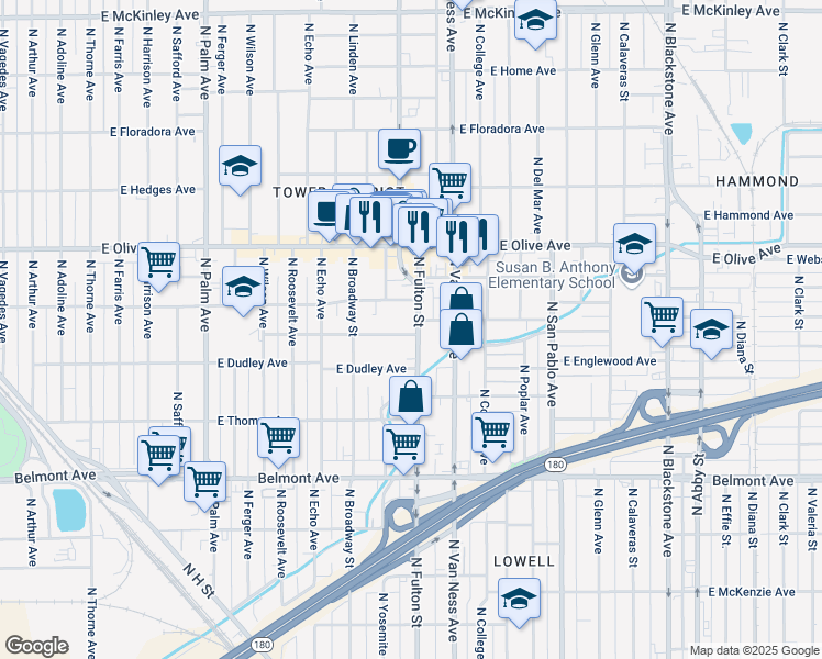 map of restaurants, bars, coffee shops, grocery stores, and more near 927 North Fulton Street in Fresno