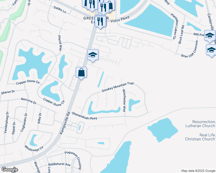 map of restaurants, bars, coffee shops, grocery stores, and more near 1105 Smokey Mountain Trail in Chesapeake