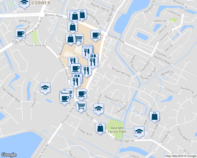 map of restaurants, bars, coffee shops, grocery stores, and more near 2249 Wessington Drive in Virginia Beach