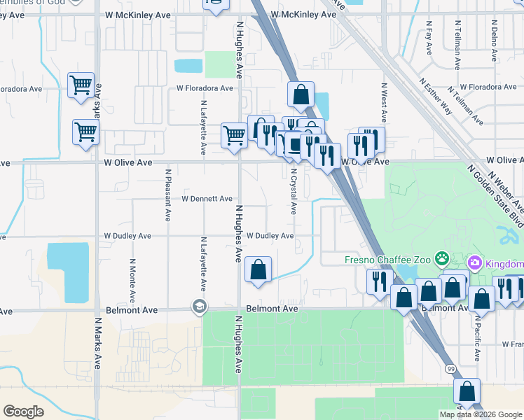 map of restaurants, bars, coffee shops, grocery stores, and more near 940 North Hulbert Avenue in Fresno