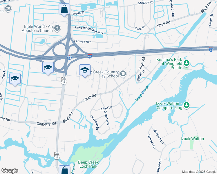 map of restaurants, bars, coffee shops, grocery stores, and more near 509 Plantation Drive in Chesapeake