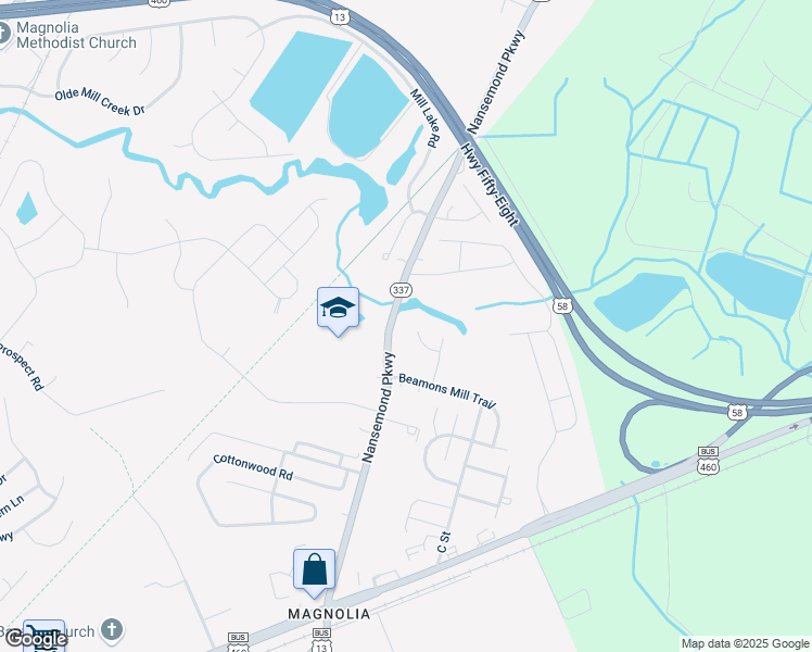 map of restaurants, bars, coffee shops, grocery stores, and more near 1290 Nansemond Parkway in Suffolk