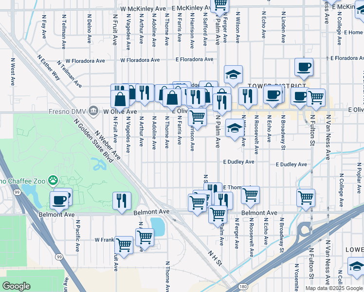 map of restaurants, bars, coffee shops, grocery stores, and more near 929 North Farris Avenue in Fresno