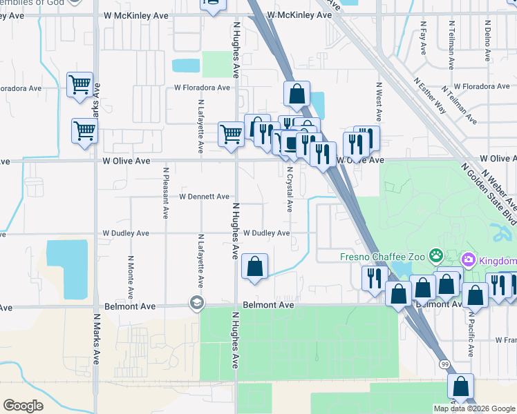 map of restaurants, bars, coffee shops, grocery stores, and more near 940 North Hulbert Avenue in Fresno