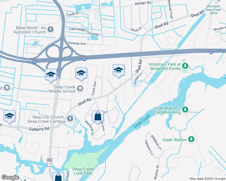 map of restaurants, bars, coffee shops, grocery stores, and more near 624 Shell Road in Chesapeake