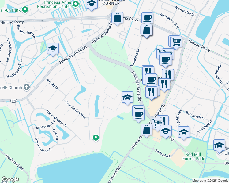 map of restaurants, bars, coffee shops, grocery stores, and more near 2244 Swaying Limb Lane in Virginia Beach