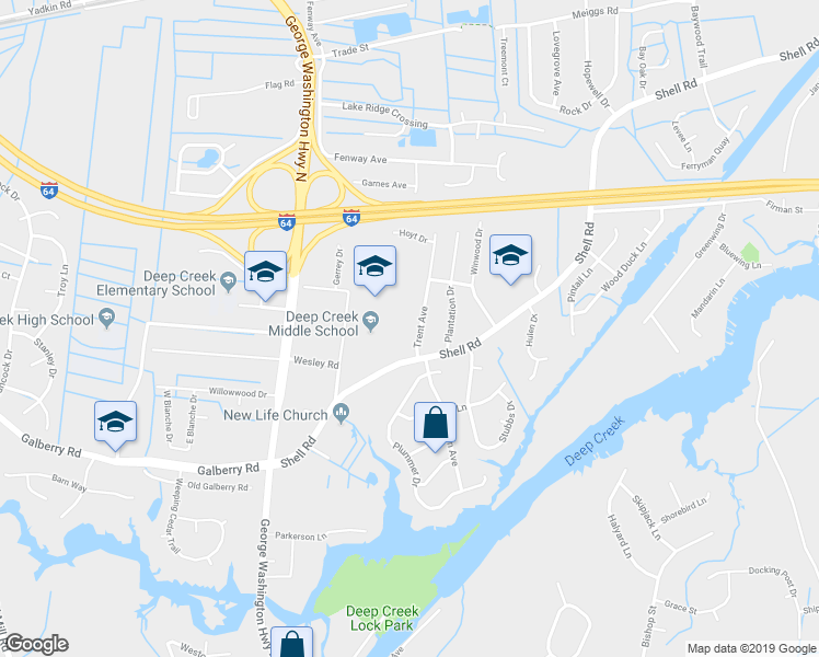 map of restaurants, bars, coffee shops, grocery stores, and more near 512 Trent Avenue in Chesapeake