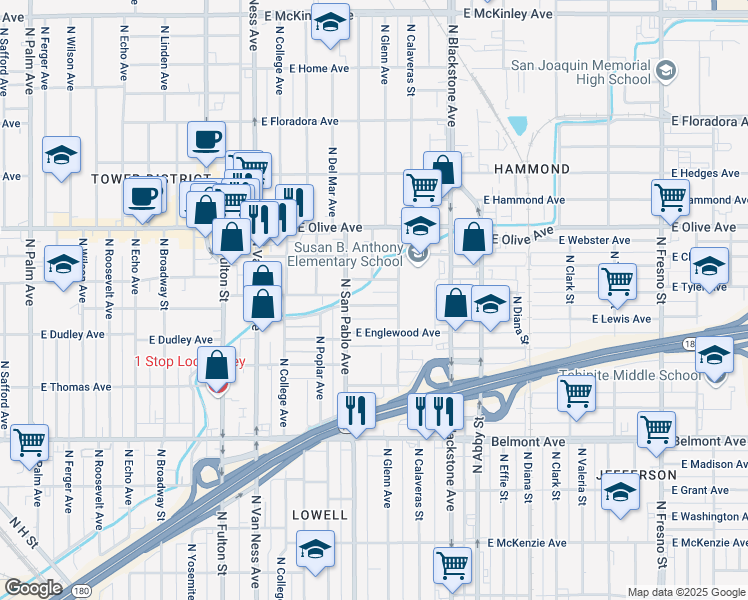 map of restaurants, bars, coffee shops, grocery stores, and more near 1453 East La Salle Avenue in Fresno