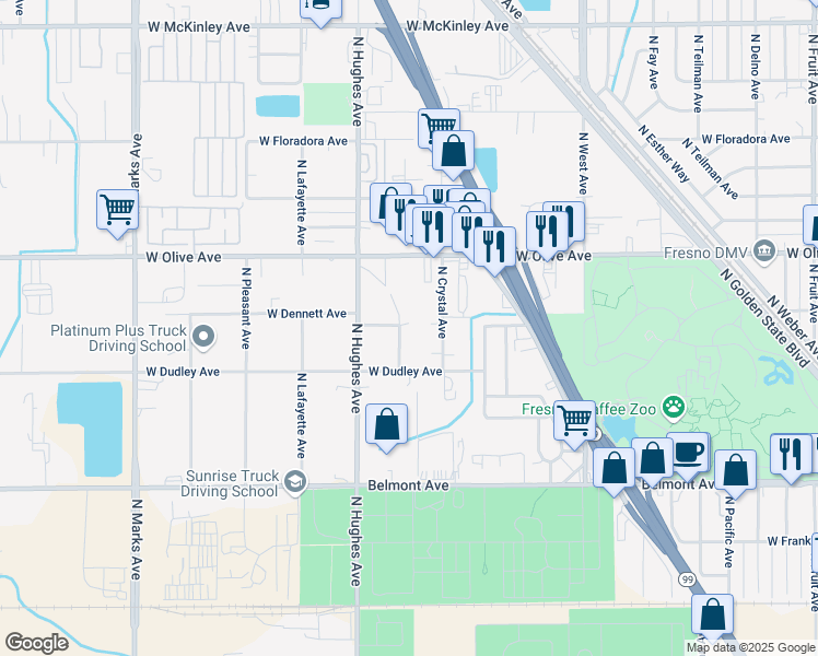 map of restaurants, bars, coffee shops, grocery stores, and more near 940 North Hulbert Avenue in Fresno
