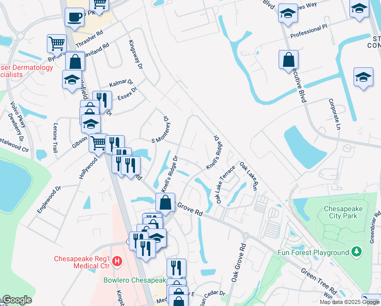 map of restaurants, bars, coffee shops, grocery stores, and more near 1002 Mathews Drive in Chesapeake