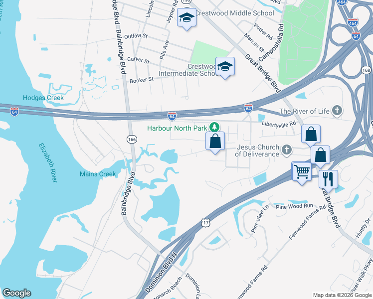 map of restaurants, bars, coffee shops, grocery stores, and more near 1020 Mains Creek Road in Chesapeake