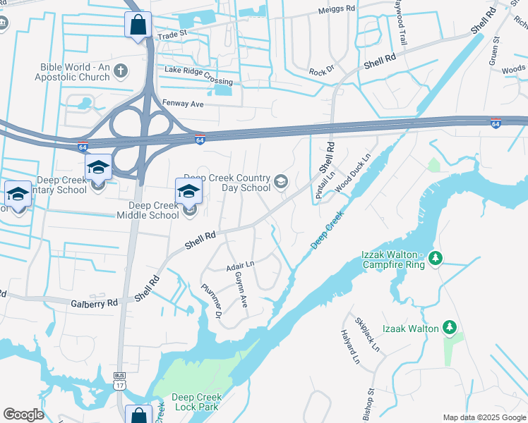 map of restaurants, bars, coffee shops, grocery stores, and more near 624 Shell Road in Chesapeake