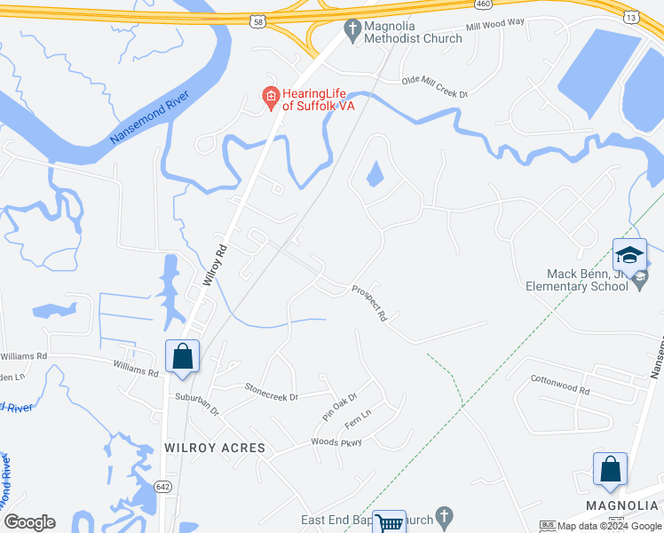 map of restaurants, bars, coffee shops, grocery stores, and more near 2146 Redgate Drive in Suffolk