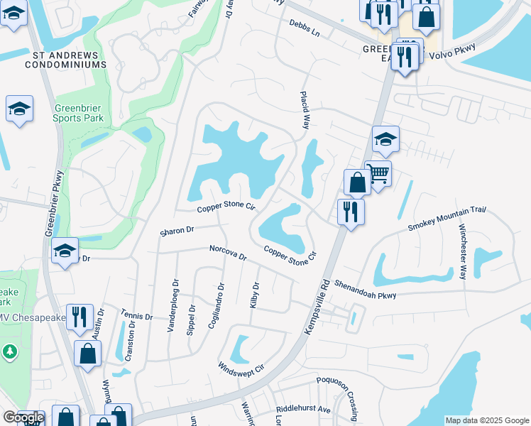 map of restaurants, bars, coffee shops, grocery stores, and more near 1210 Copper Stone Circle in Chesapeake