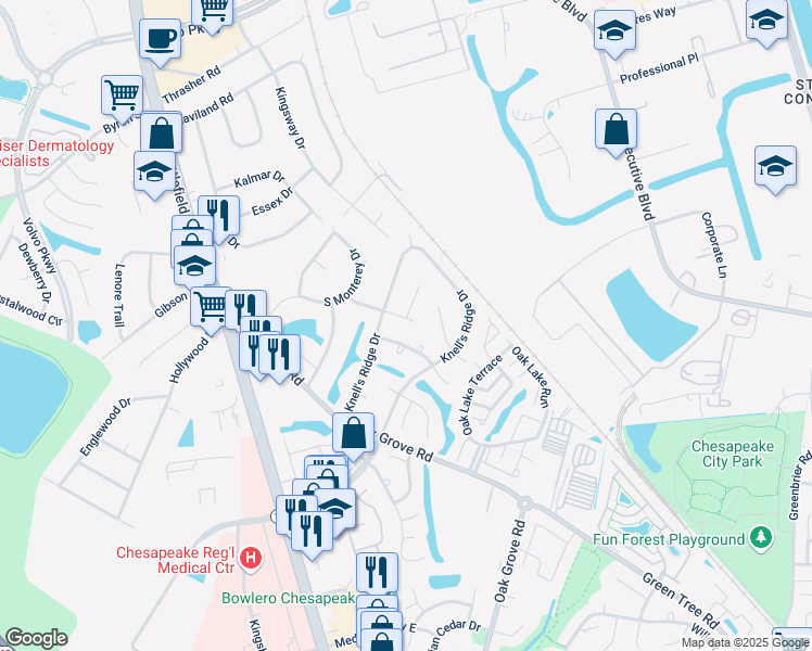 map of restaurants, bars, coffee shops, grocery stores, and more near 1002 Mathews Drive in Chesapeake