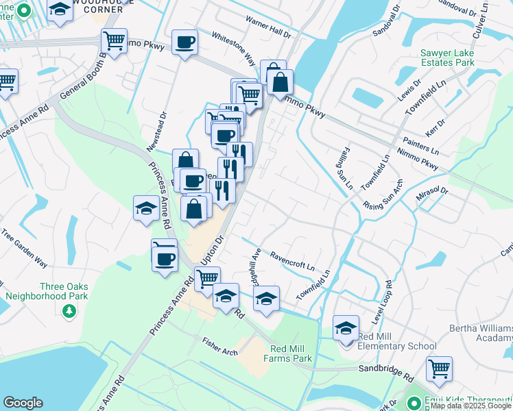 map of restaurants, bars, coffee shops, grocery stores, and more near 2421 Wessington Drive in Virginia Beach