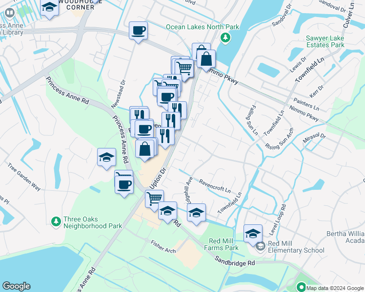 map of restaurants, bars, coffee shops, grocery stores, and more near 2021 Hardwick Court in Virginia Beach