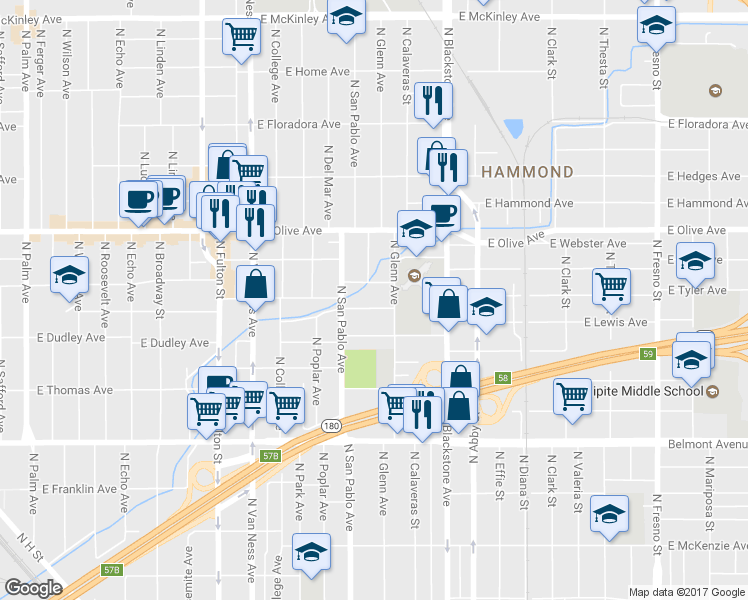 map of restaurants, bars, coffee shops, grocery stores, and more near 1463 E La Salle Ave in Fresno