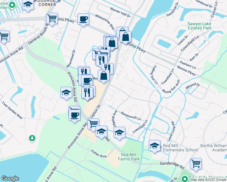 map of restaurants, bars, coffee shops, grocery stores, and more near 2021 Hardwick Court in Virginia Beach