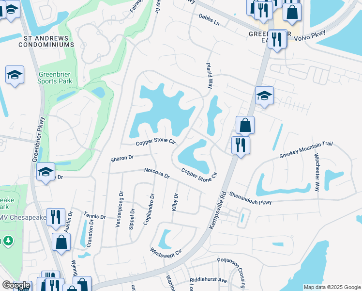 map of restaurants, bars, coffee shops, grocery stores, and more near 1210 Copper Stone Circle in Chesapeake