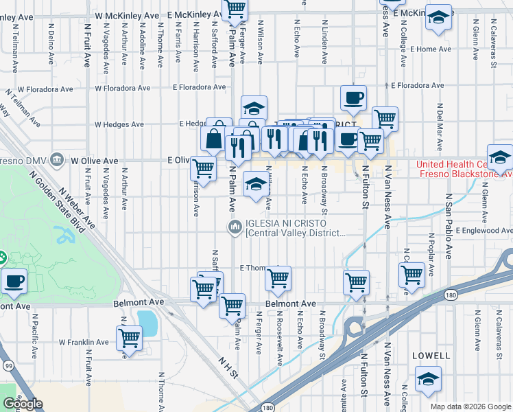 map of restaurants, bars, coffee shops, grocery stores, and more near 1005 North Wilson Avenue in Fresno