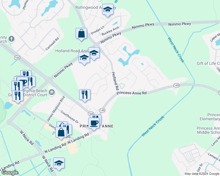 map of restaurants, bars, coffee shops, grocery stores, and more near 2233 Holland Road in Virginia Beach