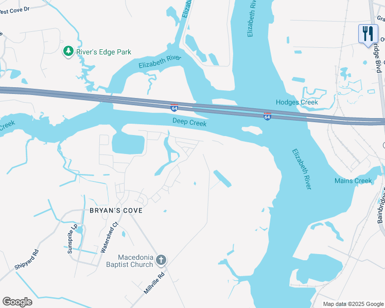 map of restaurants, bars, coffee shops, grocery stores, and more near 1700 Shipyard Road in Chesapeake