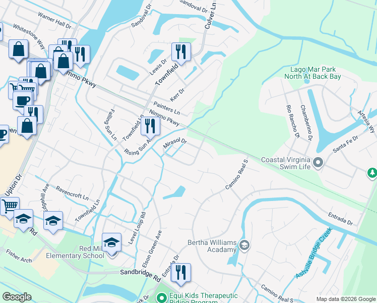 map of restaurants, bars, coffee shops, grocery stores, and more near 2537 Mirasol Drive in Virginia Beach