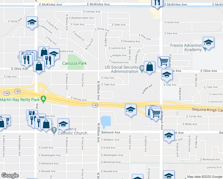 map of restaurants, bars, coffee shops, grocery stores, and more near 5039 East Lewis Avenue in Fresno