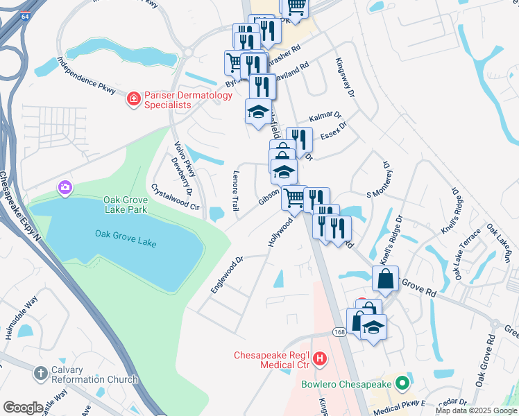 map of restaurants, bars, coffee shops, grocery stores, and more near 201 Gibson Drive in Chesapeake