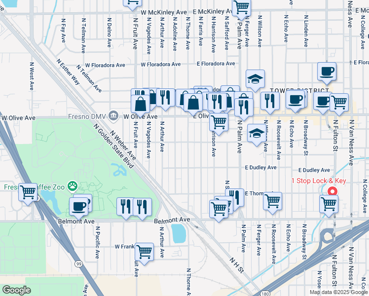 map of restaurants, bars, coffee shops, grocery stores, and more near 981 North Thorne Avenue in Fresno