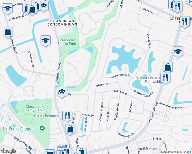 map of restaurants, bars, coffee shops, grocery stores, and more near 1117 Fairway Drive in Chesapeake