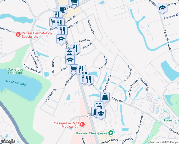 map of restaurants, bars, coffee shops, grocery stores, and more near 311 South Monterey Drive in Chesapeake