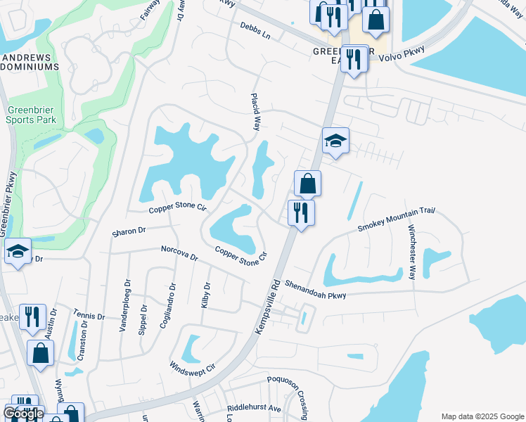 map of restaurants, bars, coffee shops, grocery stores, and more near 1616 Copper Stone Circle in Chesapeake
