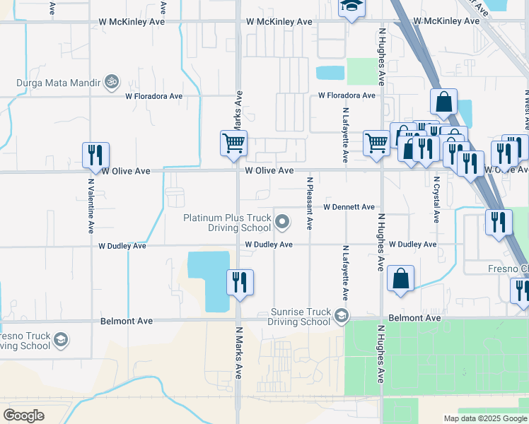 map of restaurants, bars, coffee shops, grocery stores, and more near 2720 West Dennett Avenue in Fresno