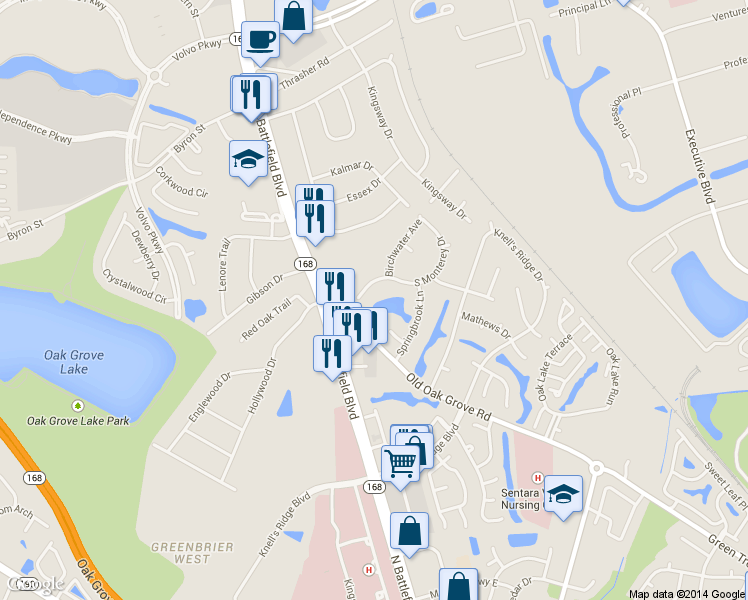 map of restaurants, bars, coffee shops, grocery stores, and more near 311 South Monterey Drive in Chesapeake