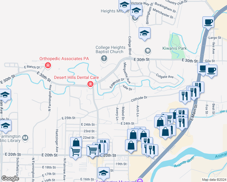 map of restaurants, bars, coffee shops, grocery stores, and more near 2823 Rabbitbrush Drive in Farmington