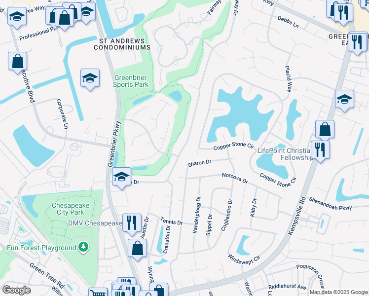 map of restaurants, bars, coffee shops, grocery stores, and more near 1117 Fairway Drive in Chesapeake